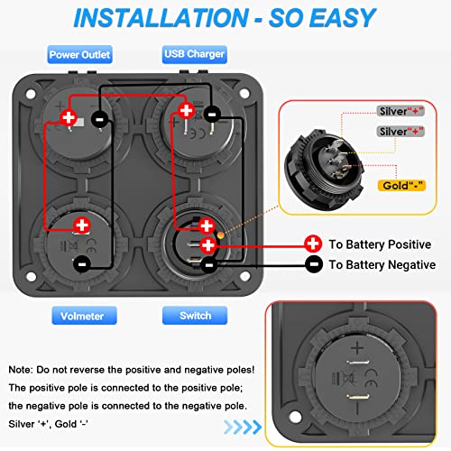 Marine Boat RV 12V Charger Socket Panel: OUFFUN 4 in 1 DC Power 12V Outlet Panel 56W Multi USB Fast Charger, 150W Cigarette Lighter Socket with LED Voltmeter Rocker Toggle Switch for Car Boat RV Truck - Thumbnail 7