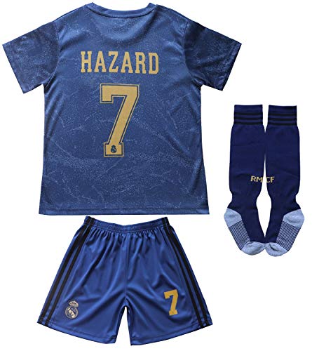 SecenMerch 2019/2020 New Hazard No #7 Real Madrid Away Blue Kids Soccer Jersey Kit Shorts Socks Set Youth Sizes (Away, 6-7 Years Old)