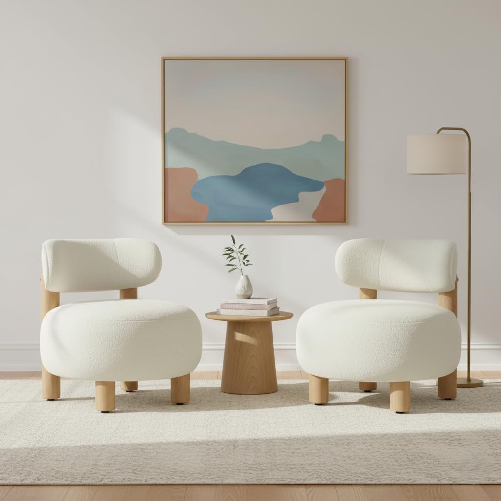 Modern Boucle Accent Chair, with Plush Faux Sherpa Upholstery, Curved Backrest, Solid Wood Legs for Living Room Bedroom Reading Nook, 27.5", White