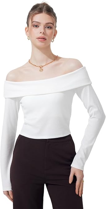 FASHIONSPARK Womens Off Shoulder Long Sleeve Ribbed Crop Top, Slim Fit Stretchy Basic Shirt for Casual Daily Wear