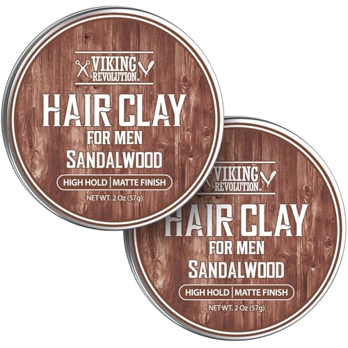 Image of Viking Revolution Sandalwood Hair Clay - Strong Hold & Matte Finish, Texturizing Hair Clay for Men - Beeswax, Jojoba Wax & Vitamin E - Effortless Styling with Sandalwood Scent (2 pack, 2oz each)
