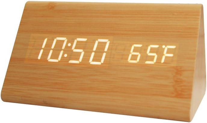 Tailcas® Multifunctional Triangle Digital Woodlike Clock/Desktop Clock/Alarm Clock with LED Display Date Time Temperature, Electronic Mini Alarm Clock for Home/Office Use (Bamboo + White LED)
