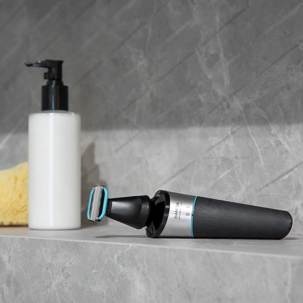 Cecotec Bamba PrecisionCare shaver with body grooming attachment resting on a shelf