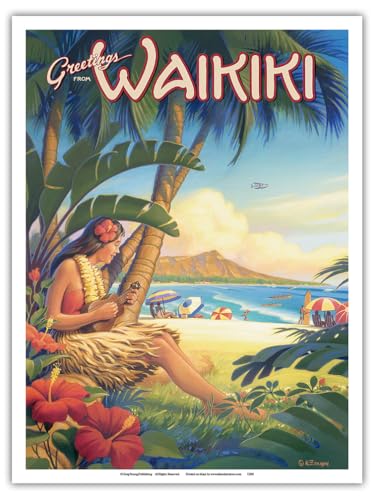 Greetings from Waikiki Hawaii - Ukulele Hula Girl - Diamond Head Crater - Vintage Hawaiian Travel Poster by Kerne Erickson - Master Art Print (Unframed) 9in x 12in