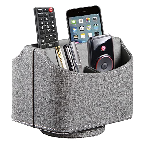 RHCSZ Leather Remote Control Holder 360 Degree Spinning, Desk Organizer for TV Remote Controllers, Caddy,Pen,Calculator,Media Player Storage box (Grey)