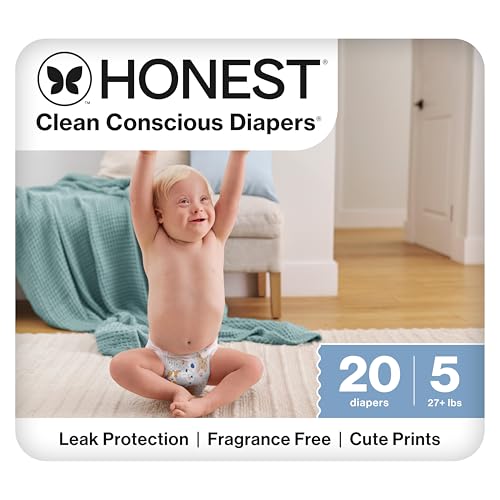 The Honest Company Clean Conscious Diapers for Delicate Skin | Up to 100% Leakproof | Hypoallergenic, Fragrance Free | It's a Pawty | Polybag, Size 5 (27+ lbs), 20 Count