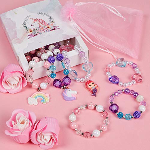 G.C 3 Sets Girl Princess Necklace Bracelet with Colorful Unicorn Mermaid Rainbow Pendant Kids Stretchy Chunky Costume Jewelry Gift Party Favors Dress up Jewelry for Little Girl Toddler(with Gift Box) (A) - Thumbnail 2