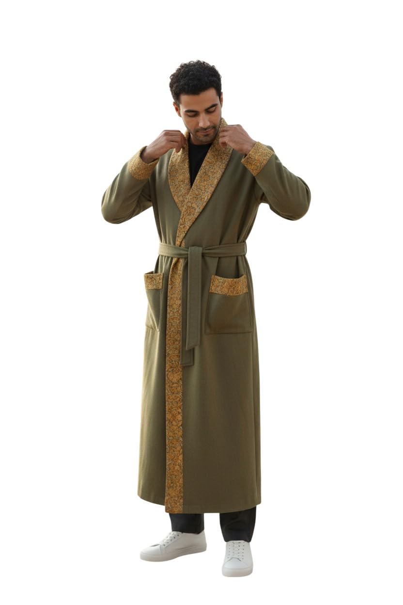 Men Woolen Nightgown Dressing Gown Sleep And Lounge Wear With Kashmiri Charming Embroidery Free Size (1, Light green)