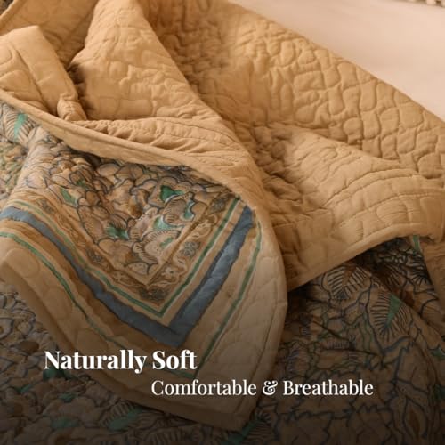 Image of Peepul Tree Hand Block Printed 100% Cotton Malmal AC Comforter 60 x 90 Inches, Best for Summers Lightweight, Soft, Breathable & Reversible AC Blanket for Single Bed, Ivory Taupe and Powder Blue