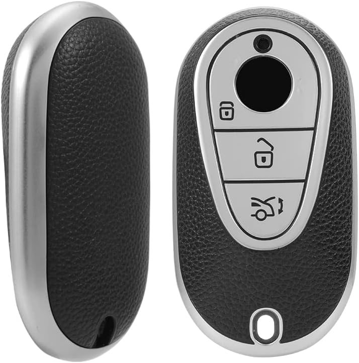 Keyzone Leather TPU Key Cover Compatible for Mercedes Benz S-Class G-Class E-Class 2022 Onwards 3 Button Smart Key (Black)