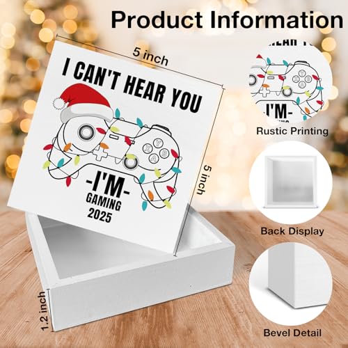Image of Gaming Christmas Decor, Gamer Gifts, I Can't Hear You I'm Gaming Wood Box Sign, Christmas Home Office Decorations for Desk Table Shelf 5 X 5 Inches