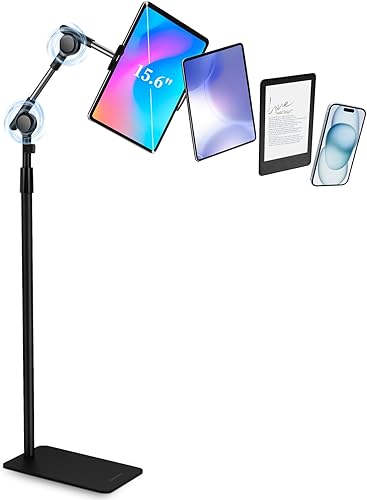 SHUWEI Soporte de suelo para tableta con engranajes helicoidales de doble autobloqueo, soporte de piso para iPad de 63 pulgadas de altura ajustable