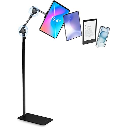 SHUWEI Tablet Floor Stand with Double Self-Locking Worm Gears, 70.9”Height Adjustable iPad Floor Stand with 7.5lb Stable Base, Compatible with 4-15.6'' iPad, Kindle, Phone, Portable Monitor, Black