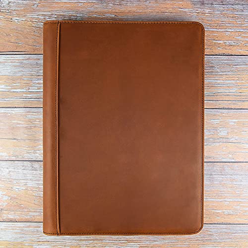 Azxcg Leather Binder Portfolio, 3 Ring Binder Resume Zippered Padfolio Folder, Professional Business Document Organizer With A4 Notebook Holder, Handmade Gift For Women/Men, Brown #TOP6
