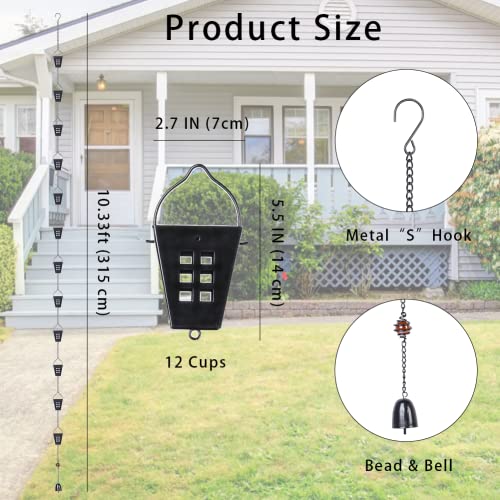 Square Rain Chain, Black Rain Chains for Gutters 10 FT, Adjustable Rain Catcher Chain with Bell for Eaves Drainage, Rain Gutter Chain Downspout,Black(12 Cups ) - Image 3