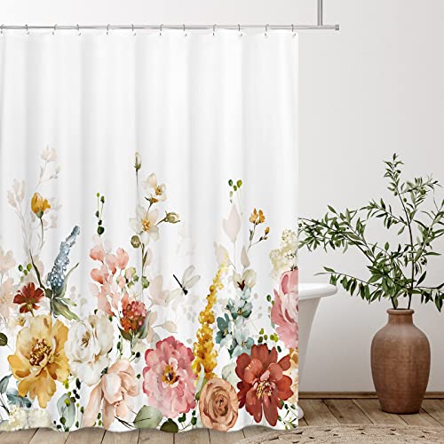 Tititex Aesthetic Blooming Floral Shower Curtain, Watercolor Red Flowers White Petals Sage Green Leaves Tropical Bathroom Decorative 71x71 Inch Polyester Waterproof Fabric Bath Curtain with Hooks by Tititex - Used condition - US$10.71