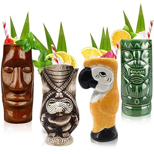 Cocktail Tiki Mugs Set of 4 - Large Ceramic Hawaiian Cocktail Mugs Drinkware Cute Exotic Cocktail Glasses Tiki Bar Professional Hawaiian Party Barware - TKSET0011