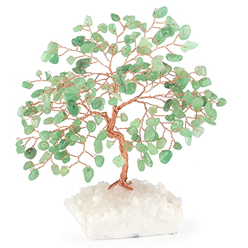 Chakra Crystal Tree of Life – Gem Aventurine Jade With Clear Quartz Cluster Base – Bonsai Feng Shui Decor Money Tree – Healing Crystals Positive Energy Gift, 5.5″-6.3″