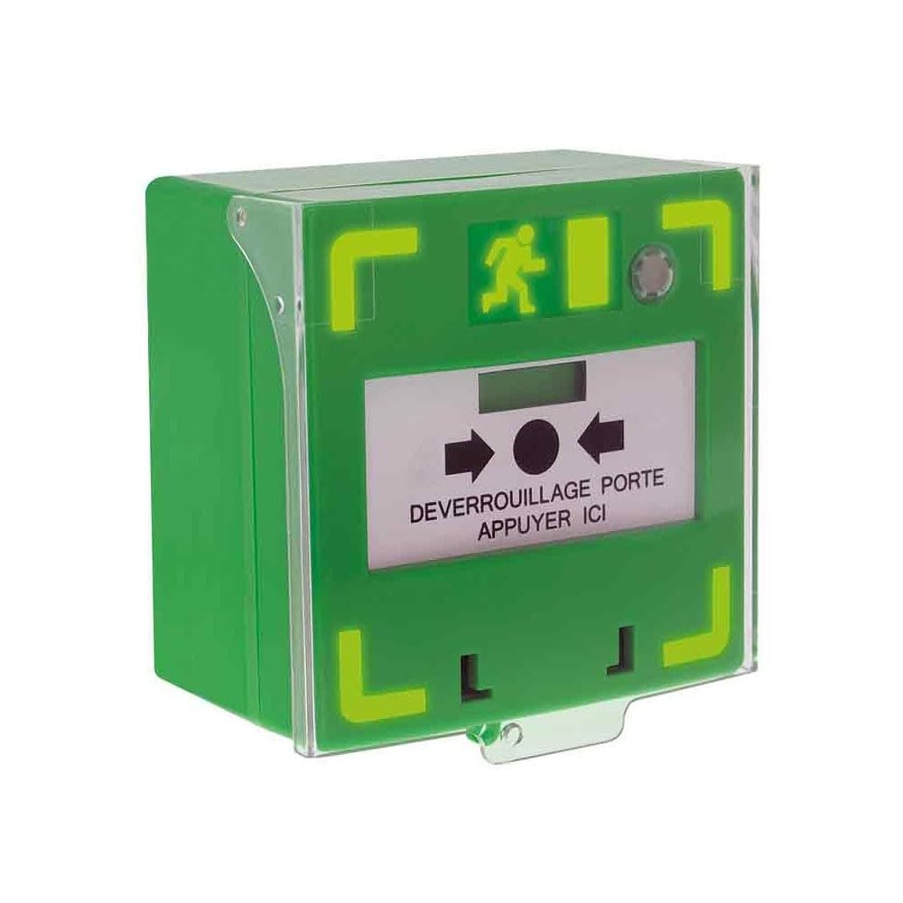 Déclencheur manuel vert 3 contacts inverseurs 12/24/48 Volts avec leds et buzzer