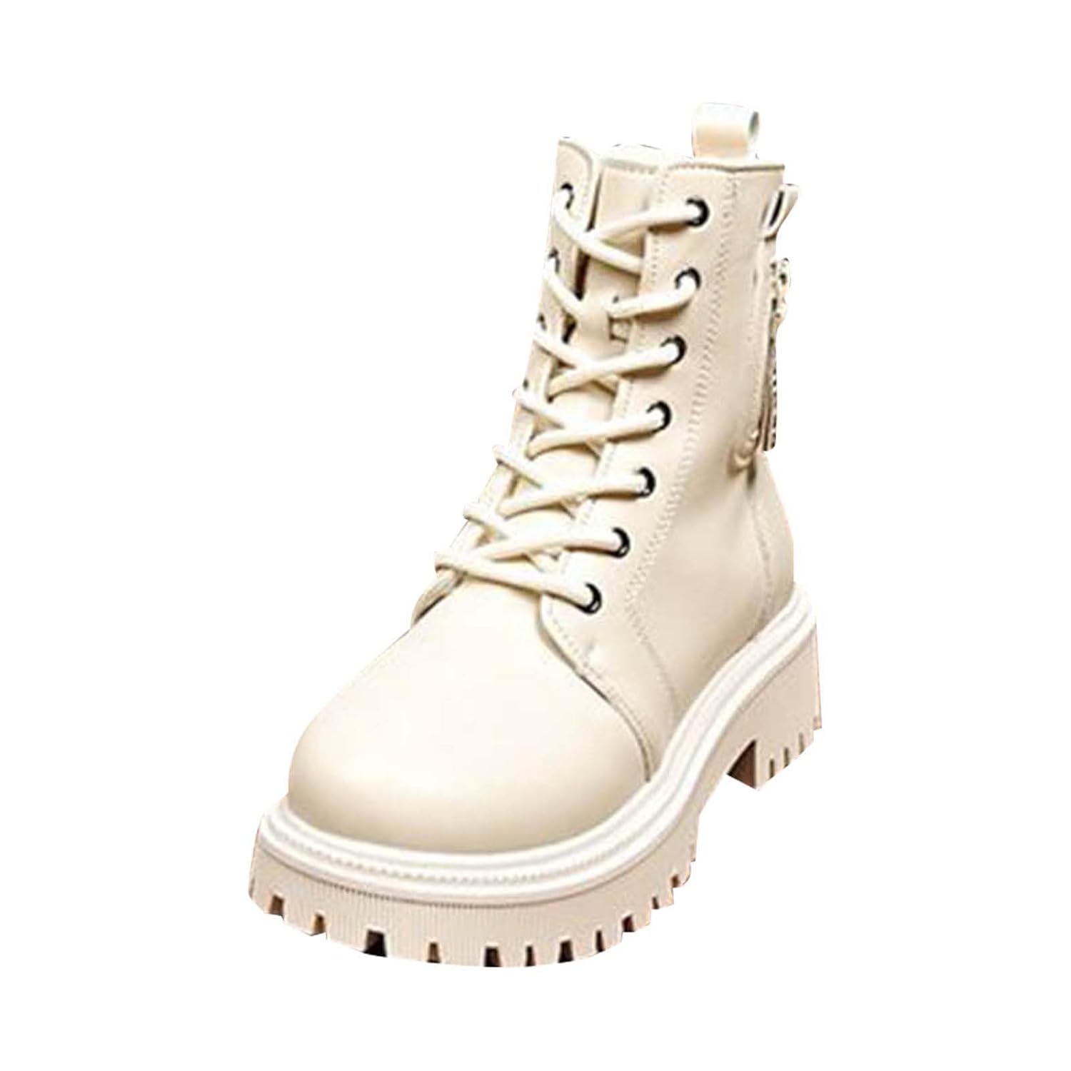 Women Mid Calf Boots Round Toe Platform Low Heel Non Slip Short Boot Lace Up Casual Combat Booties