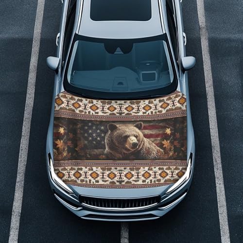 Image of Aztec Bear American Flag Car Hood Cover Protector 59x39 Inch Car Hood Wrap Blankets Stretchable Removable Automotive Exterior Accessories for Most Sedans SUVs