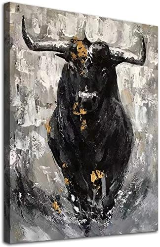 Bull Cow Canvas Wall Art Abstract Cow Painting for Bathroom Texas Cow Picture Black Cattle Poster Longhorn Art Print Rustic Farmhouse Country Animal Wall Art Fighting Bull Artwork 16x24inch No Frame