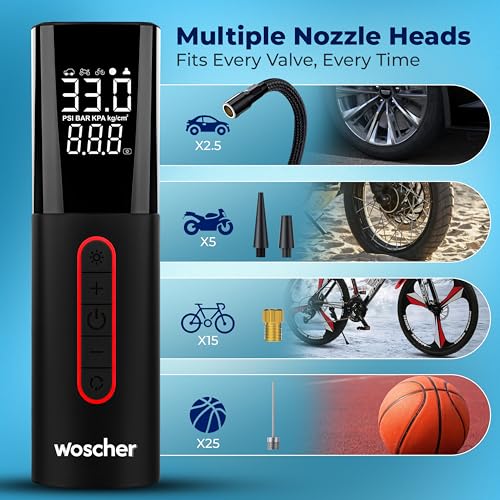 Image of Woscher Tallboy Wired Digital Tyre Inflator for Car & Bike | 150 PSI Air Compressor | Auto Shut-Off | Digital Display | LED Light | 12V DC Portable Air Pump | Tyre Inflator Kit