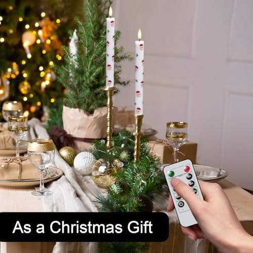 Image of Christmas Flameless Taper Candles with Remote Timer, 4 Pack LED Flickering Candlestick, 9.65 Inch Battery Operated Real Wax Candles with Santa Claus Prints for Christmas Decorations