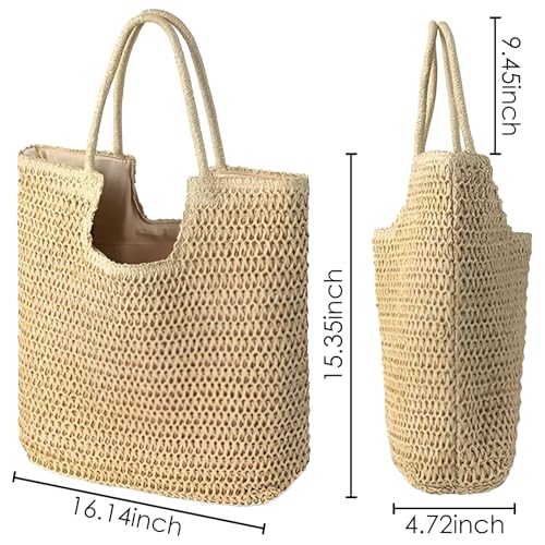 Bolsa de playa grande de paja tejida para mujer miniatura 4