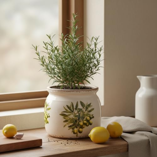 Xiaan Jiaju Mediterranean Ceramic Plant Pots with Olives Branches Pattern, 6 Inch Tuscan Planter for Indoor Plants, Rustic Farmhouse Home Kitchen Decor, Tuscan Vase for Centerpiece, Olive Green