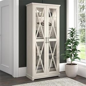 Bush Furniture Lennox Farmhouse Curio Cabinet with Glass Doors and Shelves in Linen White Oak Tall 5 Shelf Display Case for Living Room or Home Office