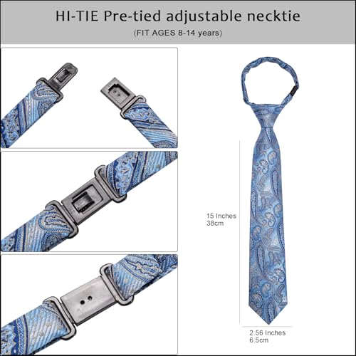 Image of Hi-Tie Boys Tie Pre-Tied Pocket Square Set Adjustable Kids Neckties Age 7-11 Years School UniForm Graduation