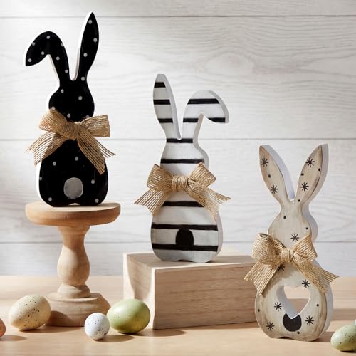 Beeveer 3 Pcs Easter Bunny Table Decorations for Home Indoor Spring Bunny Table Tiered Tray Decoration Wooden Farmhouse Easter Decor for Spring Home Party Tabletop Decor(Stripe,Black and White)