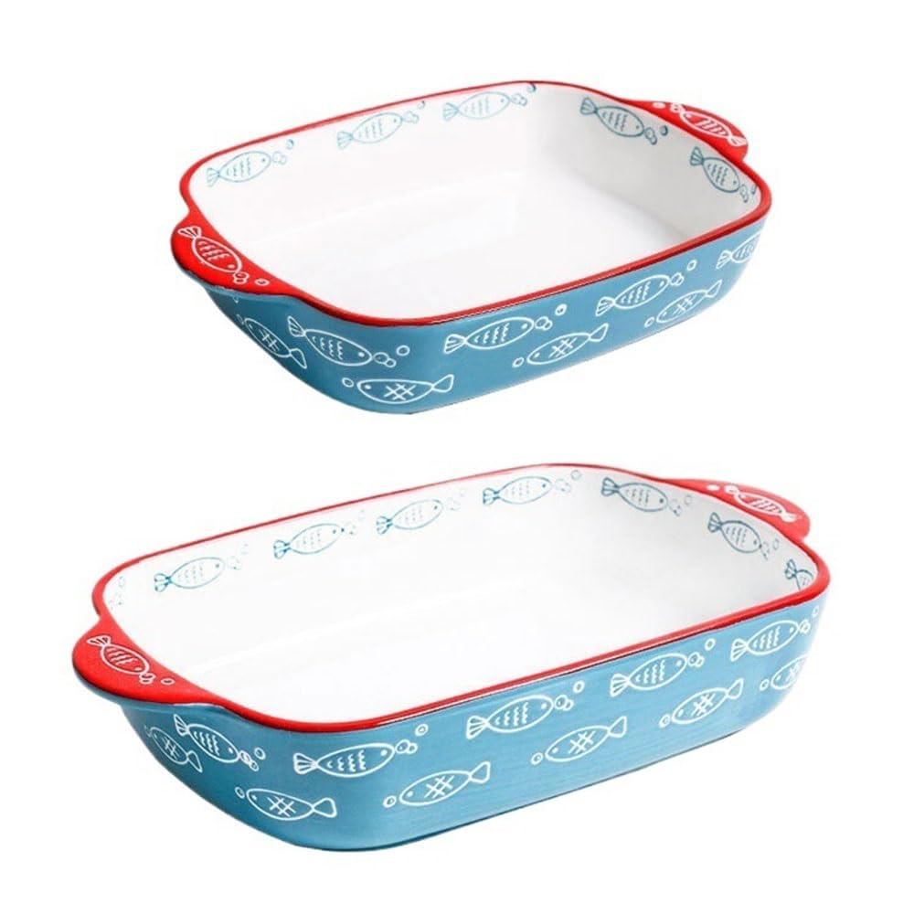 OLSKFUH Kitchen 2-Piece Ceramic Baking Pan Set Home Double-Handled Square Tableware Oven-Safe Casseroles Salad Plate Cooking,