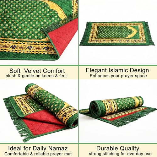 Image of Kuber Industries 28x44 Inch Velvet Janamaz /Meditation /Prayer Mat for Muslim Namaz | Soft & Foldable Mihrab Mark Islamic Prayer Rug | Green
