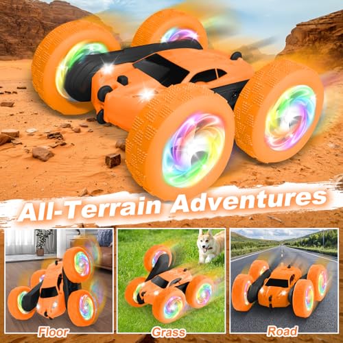 Image of Remote Control Car, Outdoor Toys RC Cars for Kids Ages 6-12, 4WD Double Sided Stunt Vehicle with Upgraded USB-C Modular Batteries, 5 6 7 8 9 10+ Year Old Boy Birthday Orange