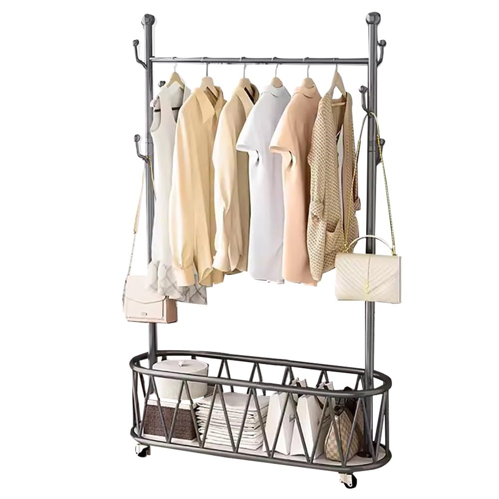 FGXHHS Heavy-Duty Mobile Coat Rack with Wheels, Industrial Steel Frame for Bedroom & Entryway, Space-Saving Design