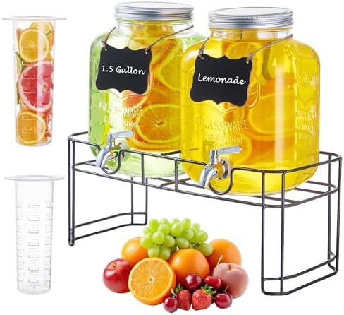 1.5 Gallon Glass Drink Dispensers for Parties, 2PACK Beverage Dis...