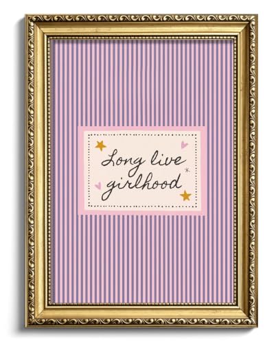 Gold Framed Vintage Girlhood Wall Art, Pink Striped Quote Picture Wall Decor, Coquette Girls Room Canvas Prints, Retro Nursery Poster Paintings for Bedroom Playroom Kids Room Decor 8x10in