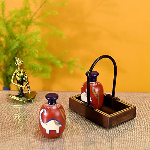 Image of Aakriti Art Creations Happy Elephant Salt & Pepper Shaker Set with Tray | Handcrafted Madhubani Art Ceramic Dispenser Set | Dining Table Salt Pepper Set | Kitchen Decoration Items Stylish