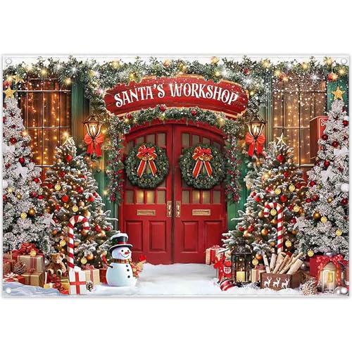 YCUCUEI 7x5ft Fabric Christmas Santas Workshop Photography Backdrop