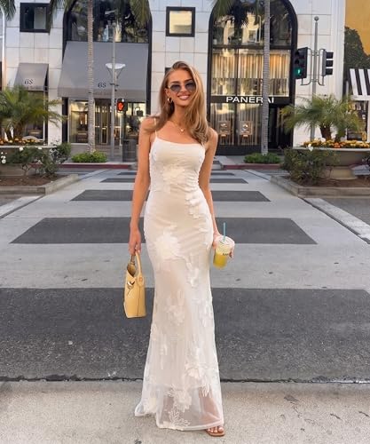 Curvphilo Women's 3D Embroidery Satin Floral Mesh Bodycon Maxi Dress White - image 7