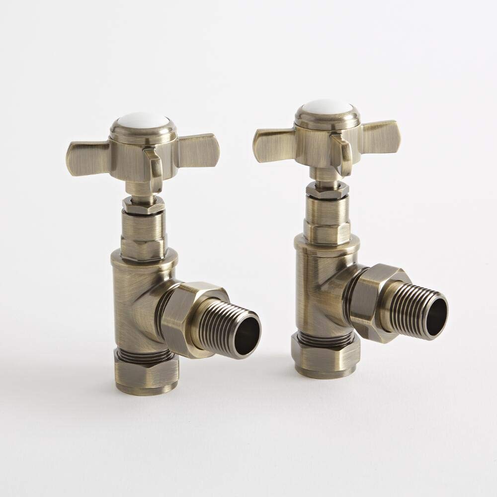 Milano Brushed Brass Angled Heated Towel Rail Radiator Valves