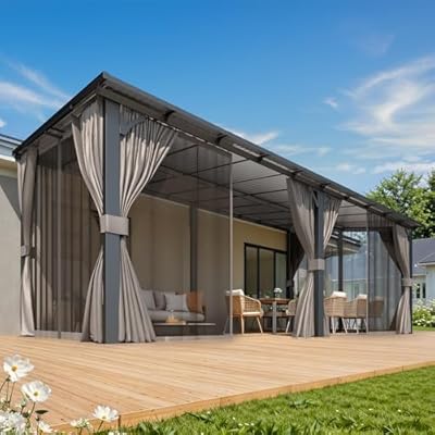 AECOJOY 20' x 10' Outdoo Gazebo for Patio with Curtains and Netting, Large Wall-Mounted Pergolas and Gazebos Clearance Hardtop 10x20 Lean to Metal Gazebo with Patio Roof, Heavy Duty Awnings for Patio