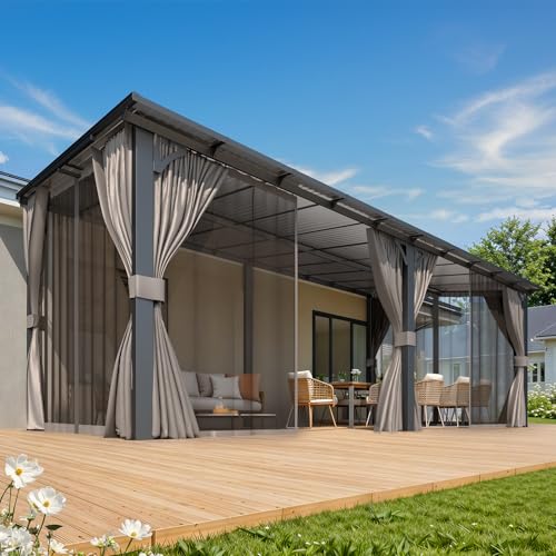 AECOJOY 20' x 10' Outdoo Gazebo for Patio with Curtains and Netting, Large Wall-Mounted Pergolas and Gazebos Clearance Hardtop 10x20 Lean to Metal Gazebo with Patio Roof, Heavy Duty Awnings for Patio