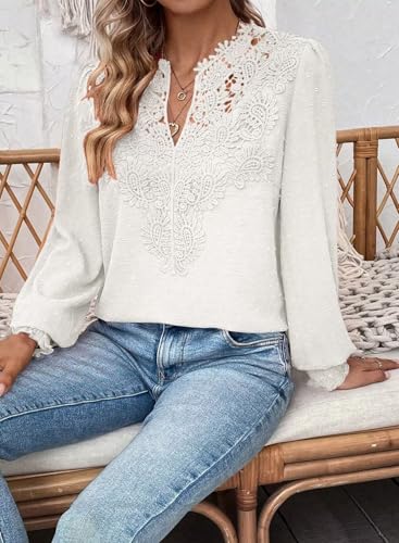 Womens Tops V Neck Boho Long Sleeve Shirts Swiss Dot Chiffon Blouses Flowy Lace Crochet Clothing Casual Trendy Tunic3