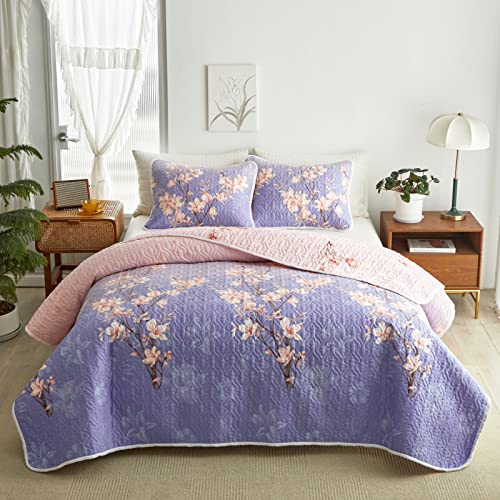 Flowers Quilt Set Purple Floral Bedspread Coverlet Pink Red Flowers And Reversible Design Pastoral Style-Reversible Quilt Coverlet Bedding Sets 3-Piece Full/Queen 1 Quilt 2 Pillowcase (92"X90",Purple #TOP1