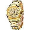 OLEVS Watches for Men Gold Automatic Watches Mens Dragon Skeleton Mechanical Luxury Watch Business Dress with Tungsten Steel Luminous 160FT Waterproof Diamond Fashion Wrist Watch Gold