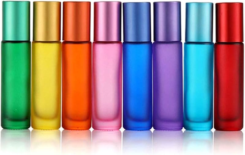 USRommaner Frascos de Vidro Fosco com Roll-on 10 mL, 8 Cores, com Esferas de Aço Inoxidável, Funil e Pipetas — Pacote com 8