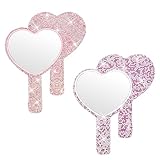 Tatuo 2 Pcs Large Rhinestone Handheld Mirror Heart Shaped Bling Glitter Portable Cosmetic Hand Mirror with Handle for Women Make up Brush Lash(Pink and Purple)